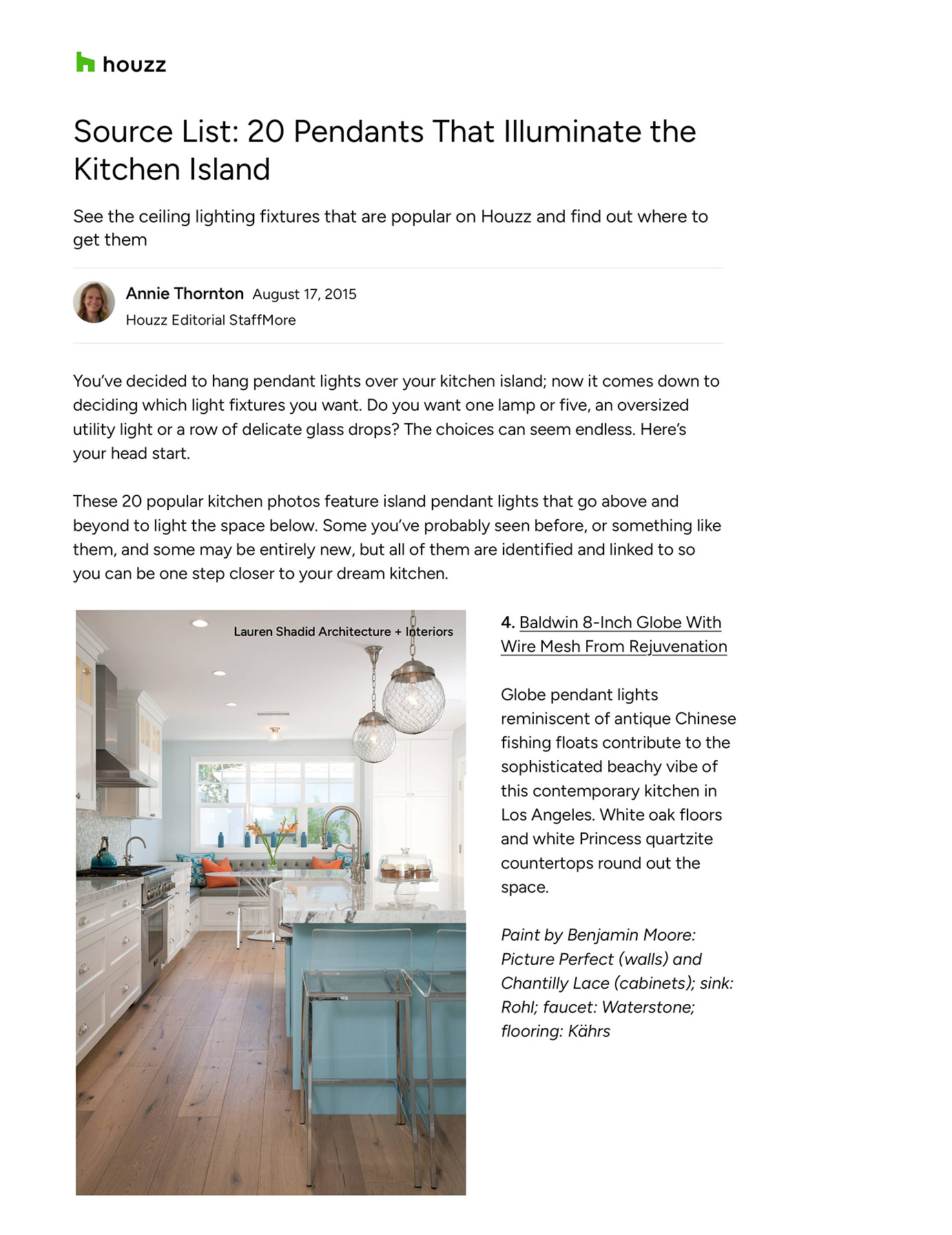 Houzz: Source List: 20 Pendants that Illuminate the Kitchen Island