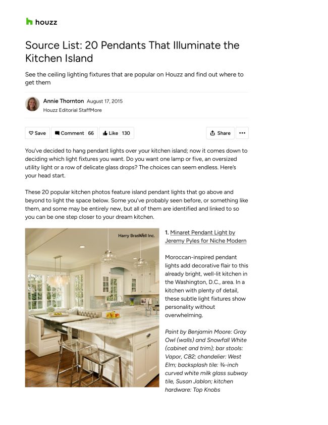Houzz: Source List: 20 Pendants that Illuminate the Kitchen Island